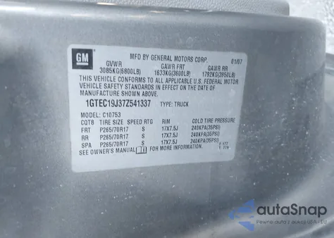 2007 GMC Sierra 1500 Slt z USA, uszkodzony, nr VIN 1GTEC19J37Z541337